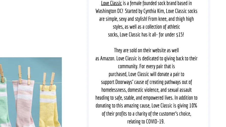 Pastel Love Classic socks on a clothesline, brand giving back, high-quality stylish socks