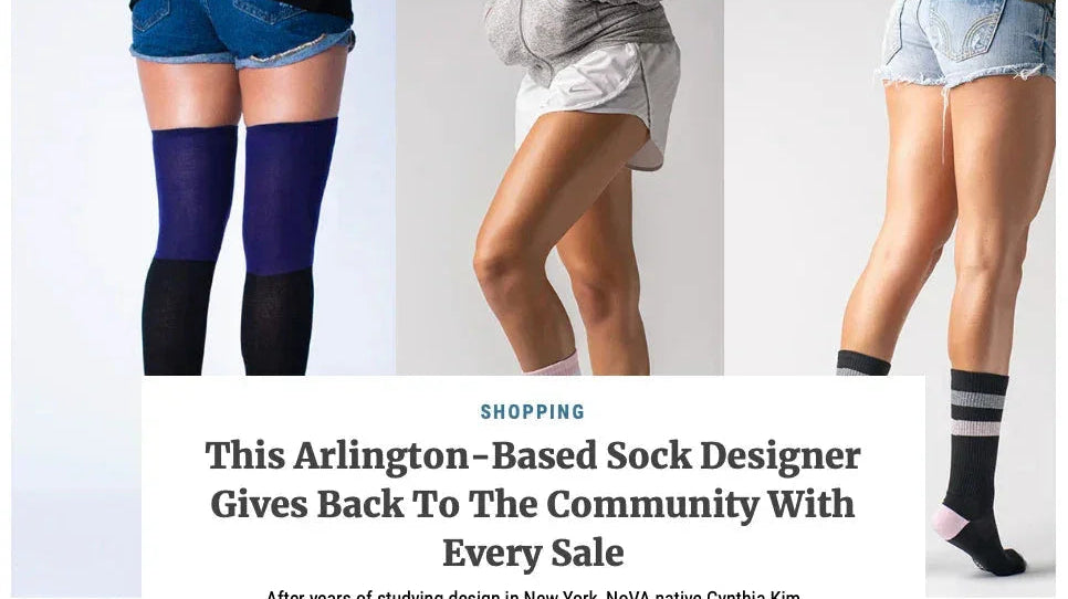 Three women modeling Love Classic knee-high socks in casual shorts, promoting stylish, high-quality socks.