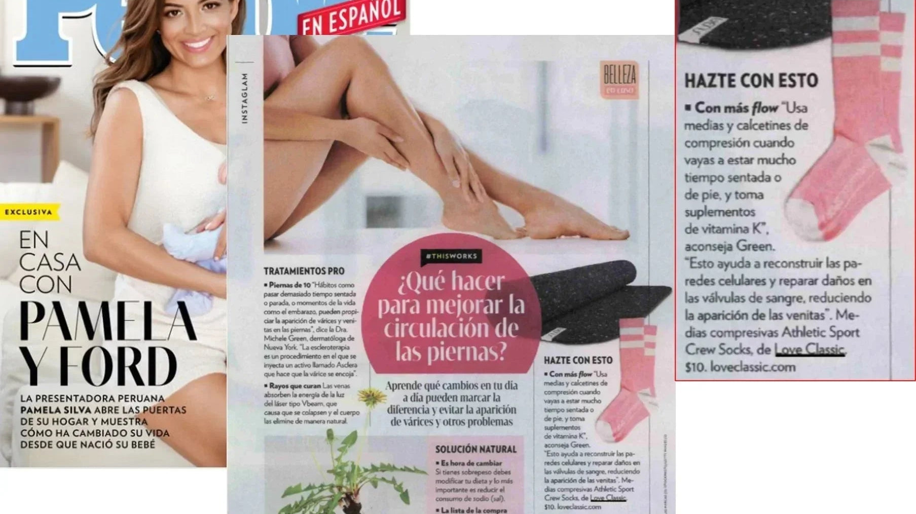 Magazine feature highlights Love Classic compression socks for leg circulation, with wellness tips.