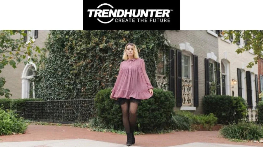 Woman in a pink flowy dress and black tights walking outside classic style home, Love Classic fashion