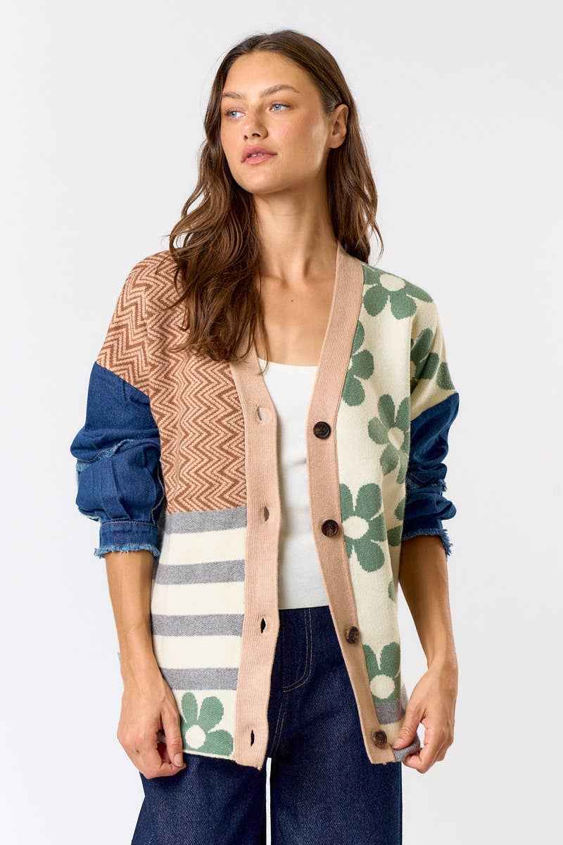 Patchwork Cardigan with Denim Sleeves