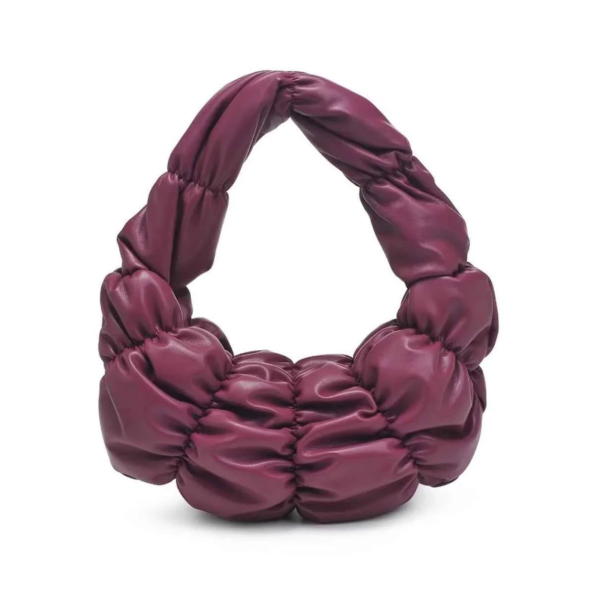 Plum purple ruched faux leather handbag, stylish accessory, Love Classic bag collection