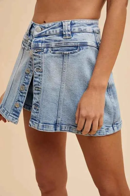 Button Detail Stretch Denim Wrap Mini Skort
