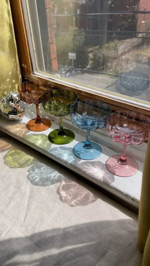 Colorful vintage-style glass goblets on windowsill, Love Classic home decor, sunlight reflections