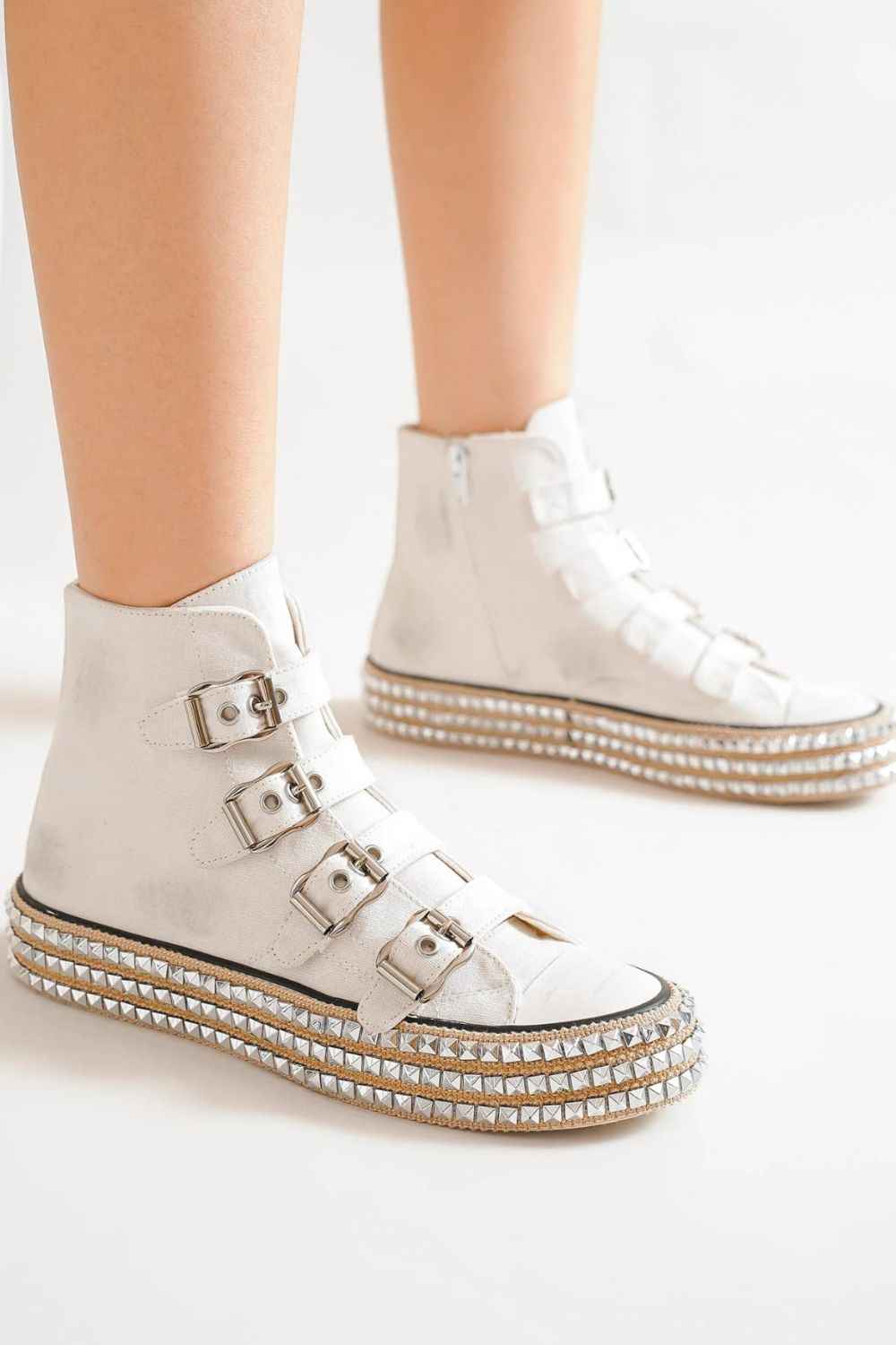 White Multi-Buckle Straps Studded Platform Sneakers