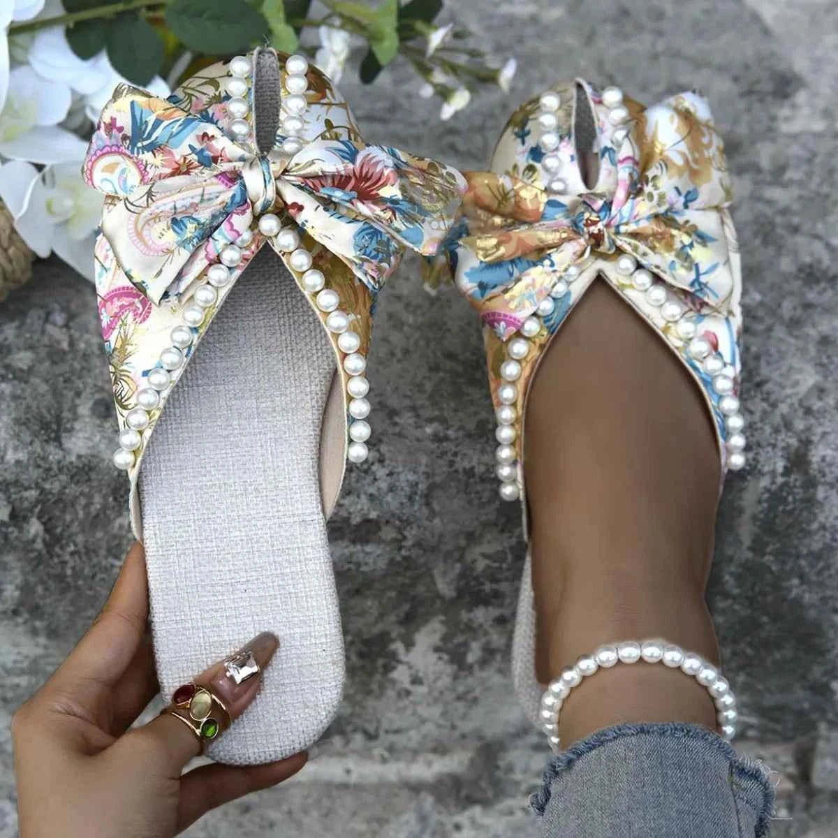 Pearl Bow Open Toe Sandals