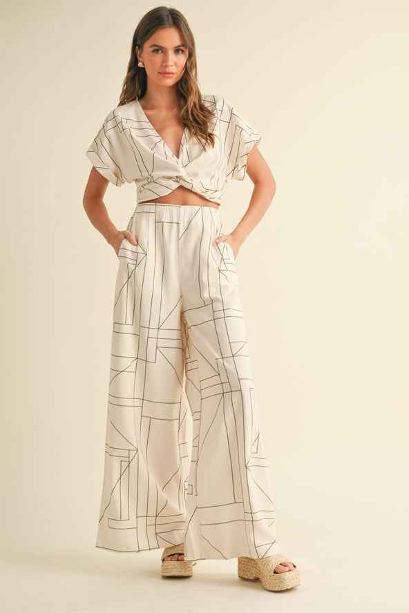 Multi Grid Pattern Wide Leg Pants