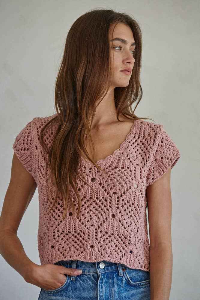 Crochet Knit Cap Sleeve Sweater Top