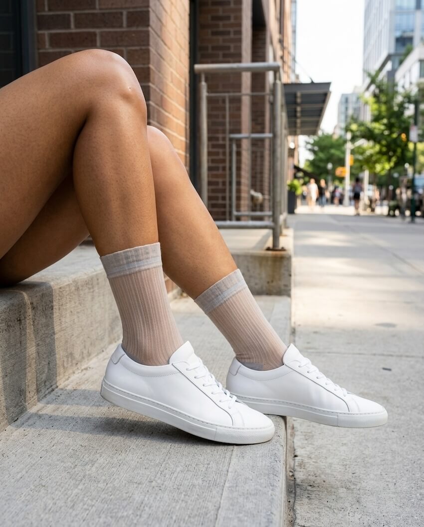 Soft Horizon Sheer Socks featuring a lightweight ribbed knit with a subtle contrast cuff, worn with white sneakers while seated on city steps, highlighting breathable comfort and casual everyday styling.