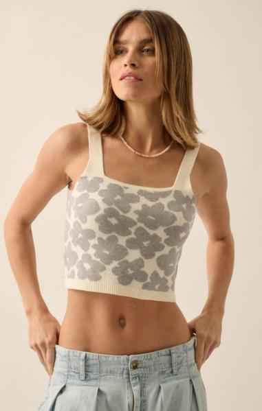 Floral Knit Cropped Sweater Tank Top
