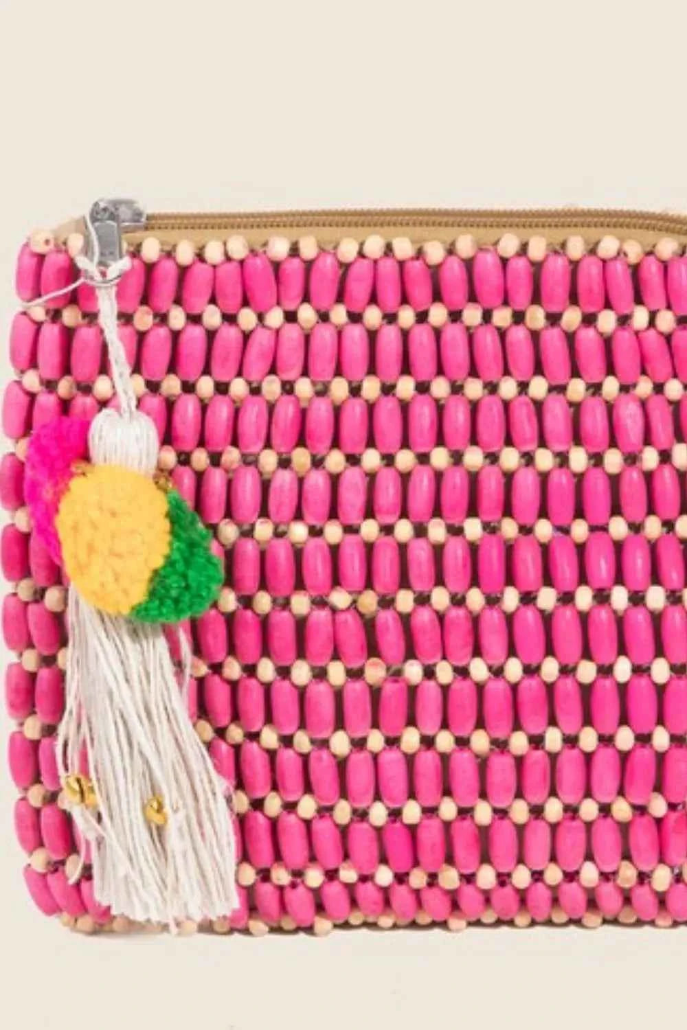 Wooden Beaded Rectangle Bag in Bright Pink
