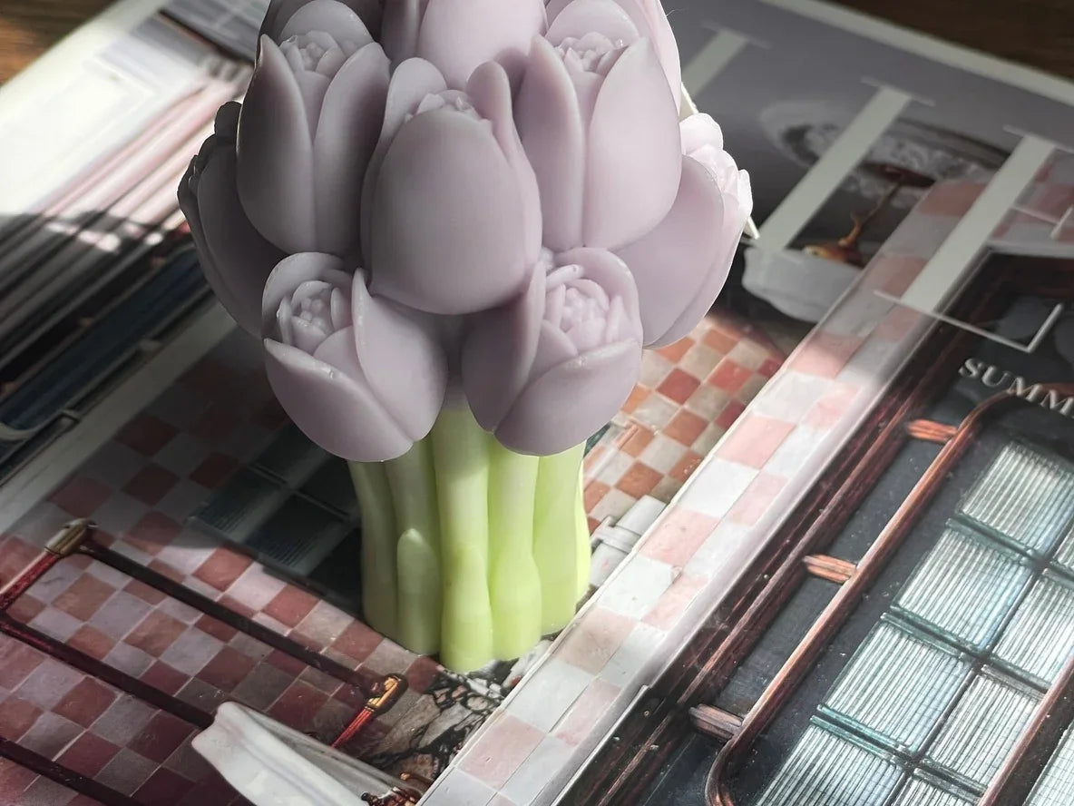 Purple tulip bouquet candle on a magazine, styled for Love Classic high quality decor