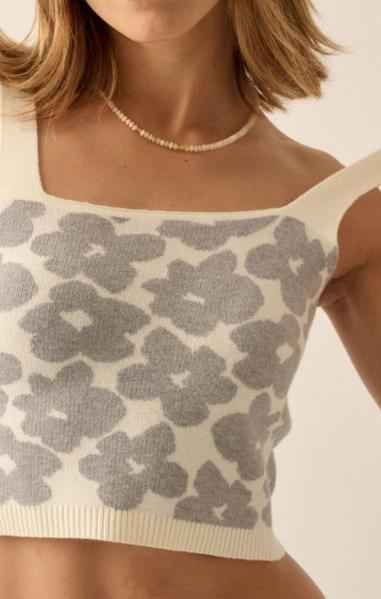 Floral Knit Cropped Sweater Tank Top
