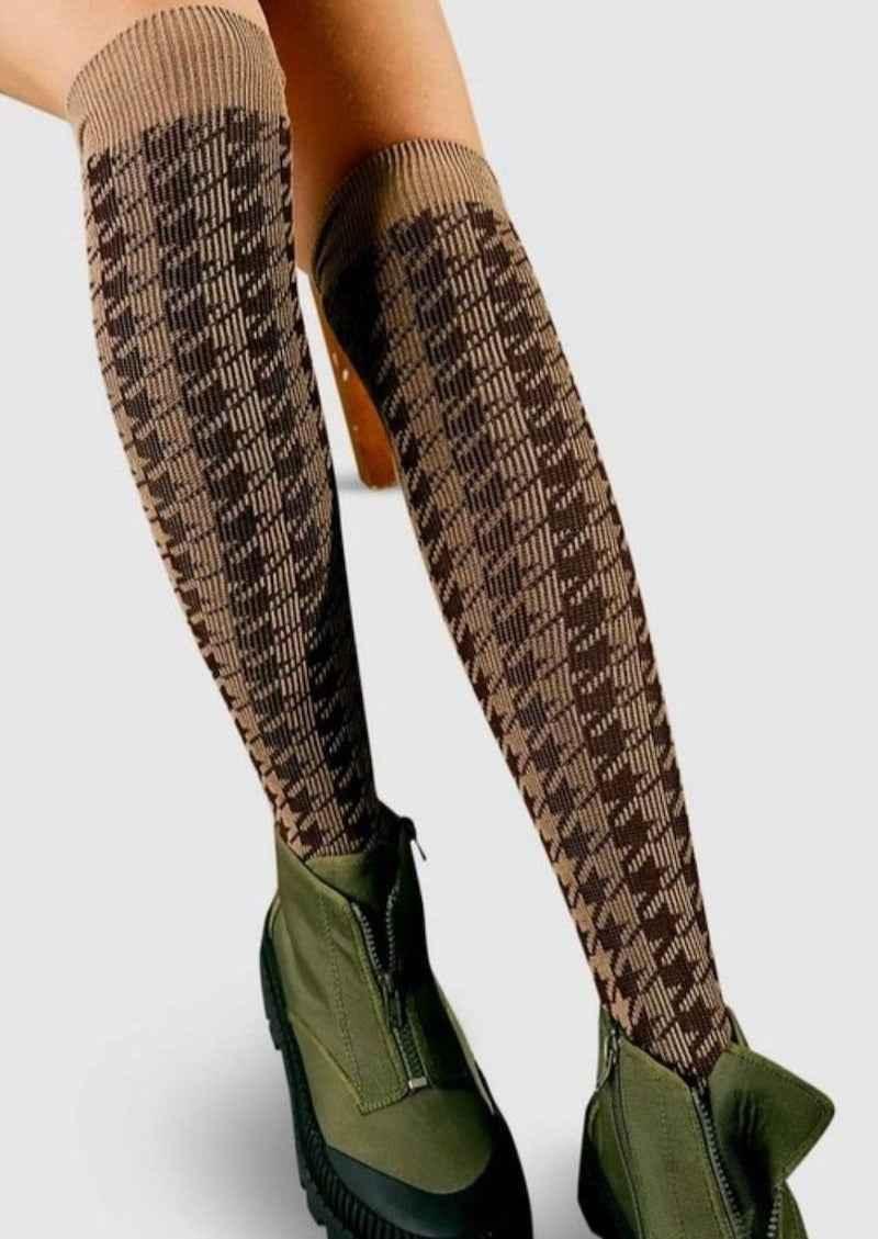 Brown houndstooth knee-high socks paired with green zip-up boots, Love Classic fashion style