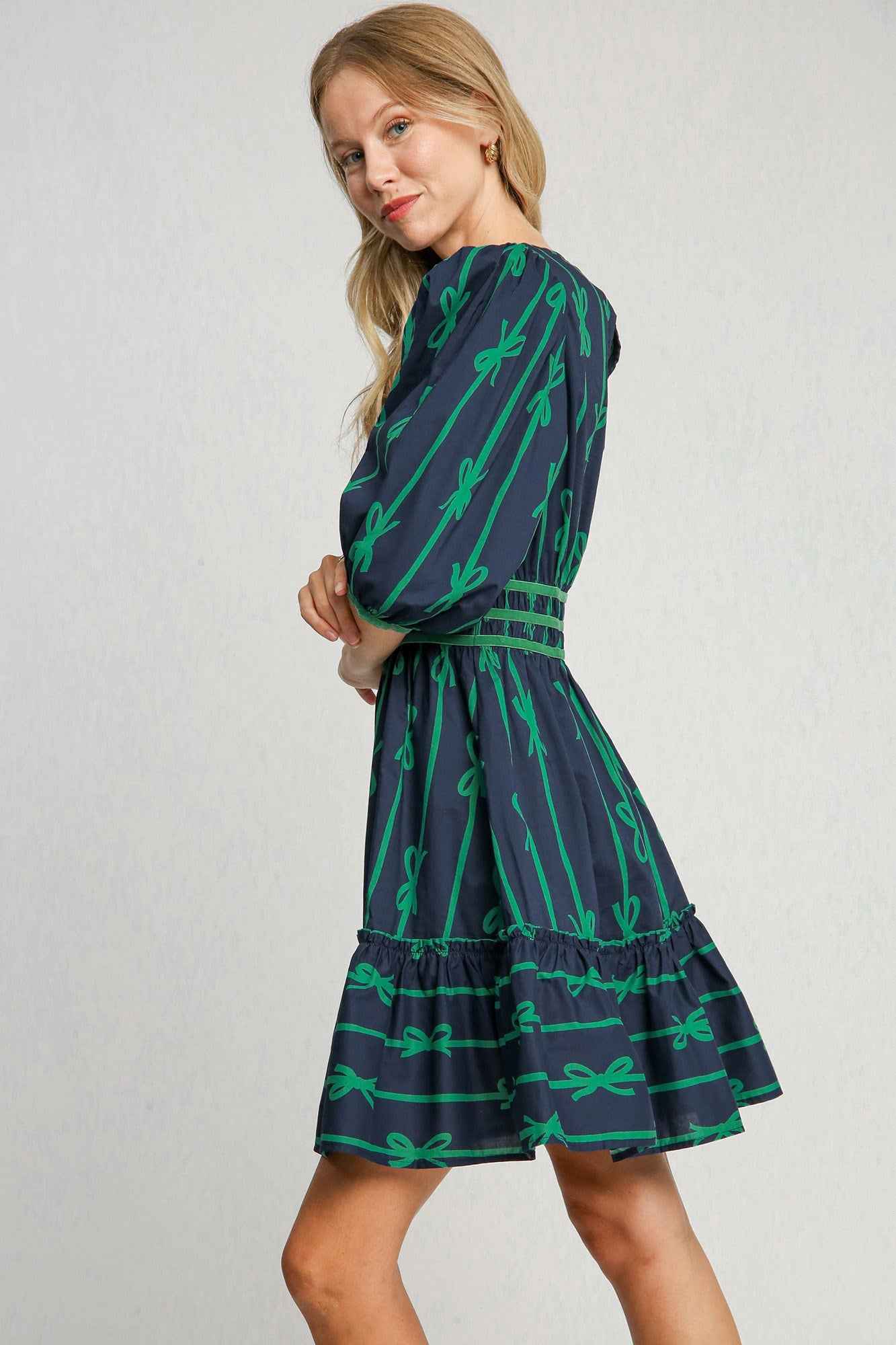 Frill Velvet Trim Half Sleeve Dress
