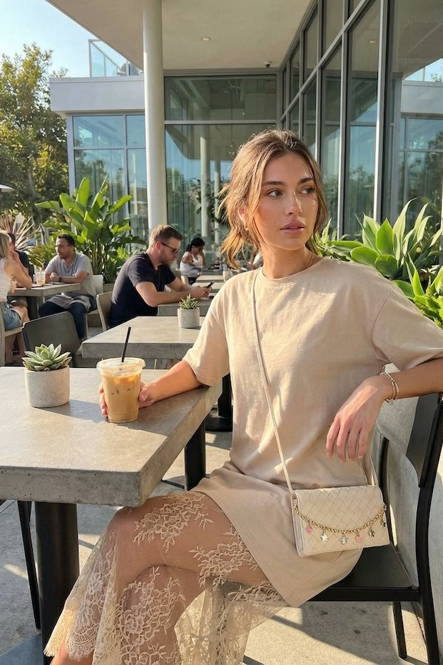 t shirt maxi dress Round Neck Lace Joined T-Shirt Maxi Dress