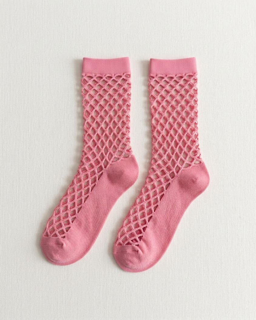 Bundled Pack, Midnight Lattice Fishnet Socks featuring an open fishnet lattice pattern with soft stretch construction and reinforced toe detailing, displayed in a pink color variation on a clean neutral background to highlight the lightweight breathable texture.