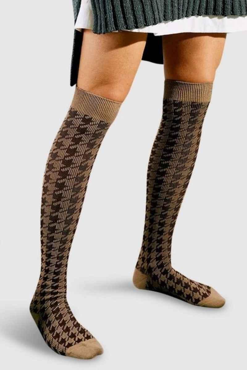 Brown houndstooth knee-high socks from Love Classic, stylish fashion accessory