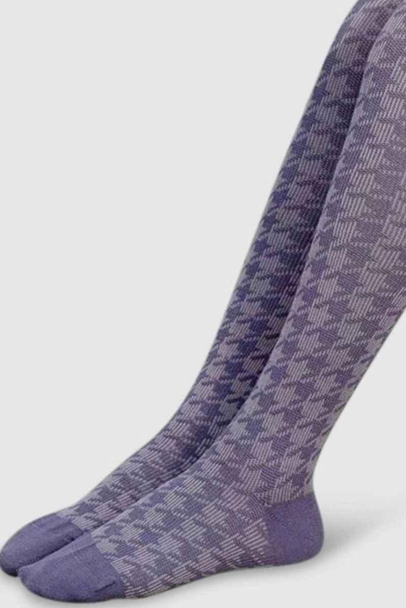 Purple houndstooth patterned knee-high socks from Love Classic on a plain background