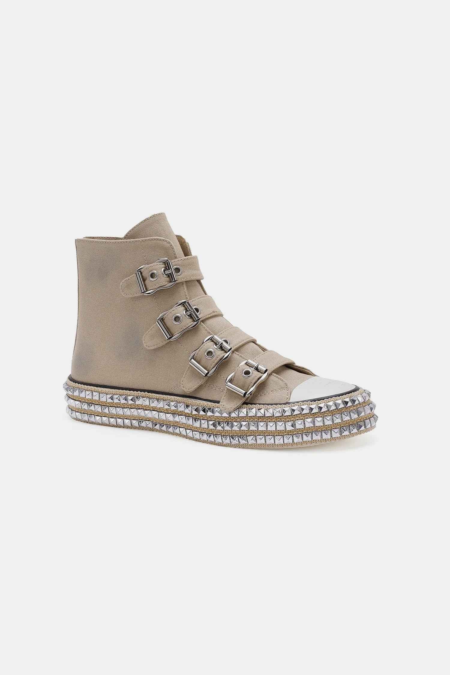 Khaki Multi-Buckle Straps Studded Platform Sneakers
