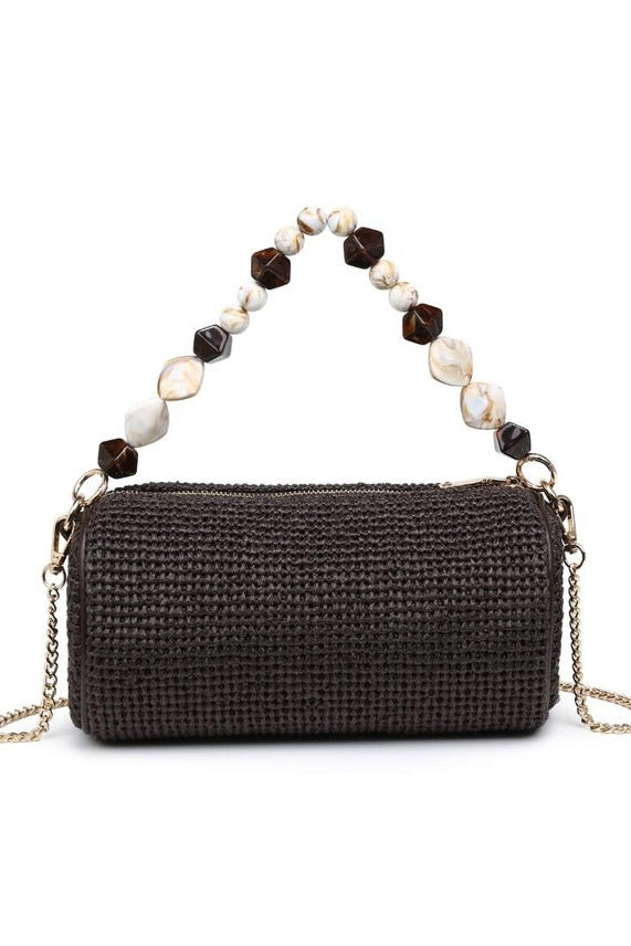 Chocolate Rachel Straw Clutch in woven straw finish with zip-top closure and structured silhouette sized to fit phone, cards, and essentials.
