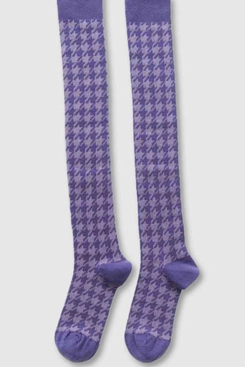 Purple houndstooth patterned knee-high socks from Love Classic on a light background