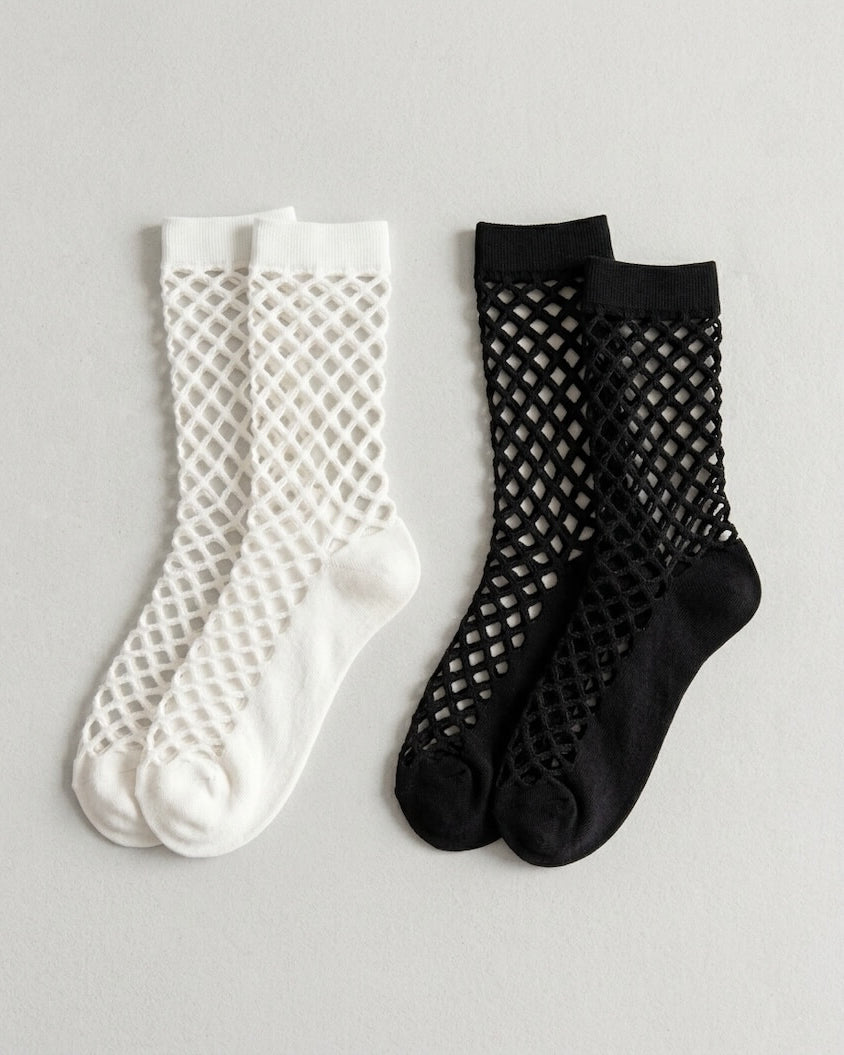Bundled Pack, Midnight Lattice Fishnet Socks featuring open lattice mesh detailing with soft stretch cuffs and reinforced foot support, displayed in folded black and white color options tied with ribbon accents to highlight gift-ready presentation and breathable everyday styling.