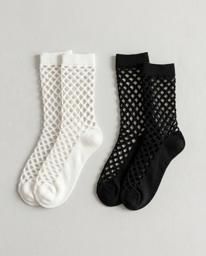 Bundled Pack, Midnight Lattice Fishnet Socks featuring open lattice mesh detailing with soft stretch cuffs and reinforced foot support, displayed in folded black and white color options tied with ribbon accents to highlight gift-ready presentation and breathable everyday styling.