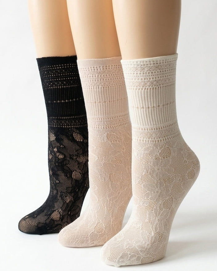 3-pack lace crew socks in black and soft neutral tones – elegant feminine floral mesh women’s fashion socks