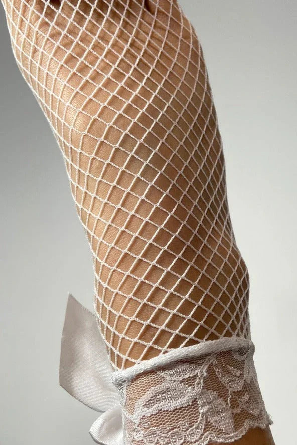 White fishnet stocking with lace and satin bow, Love Classic high quality hosiery style