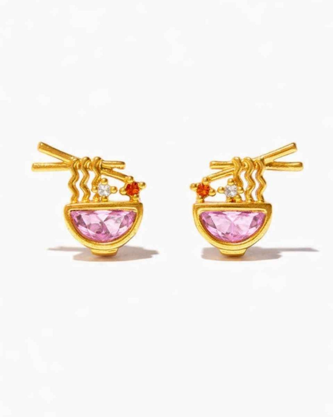 Ramen Studs featuring miniature ramen bowl detailing with chopstick accents and sparkling crystal embellishments, displayed on a clean neutral backdrop, highlighting playful food inspired styling and polished metallic finishing.