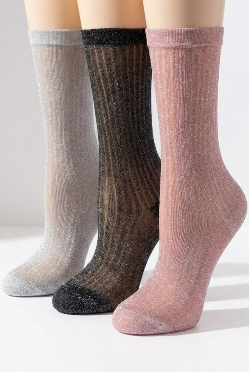 3-pack glitter ribbed crew socks in silver black and blush – soft shimmer women’s fashion socks