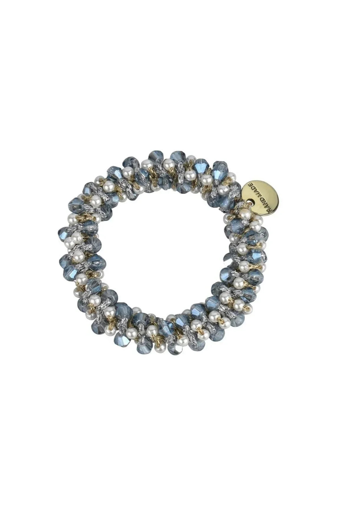Handmade blue crystal and pearl beaded bracelet with gold charm from Love Classic