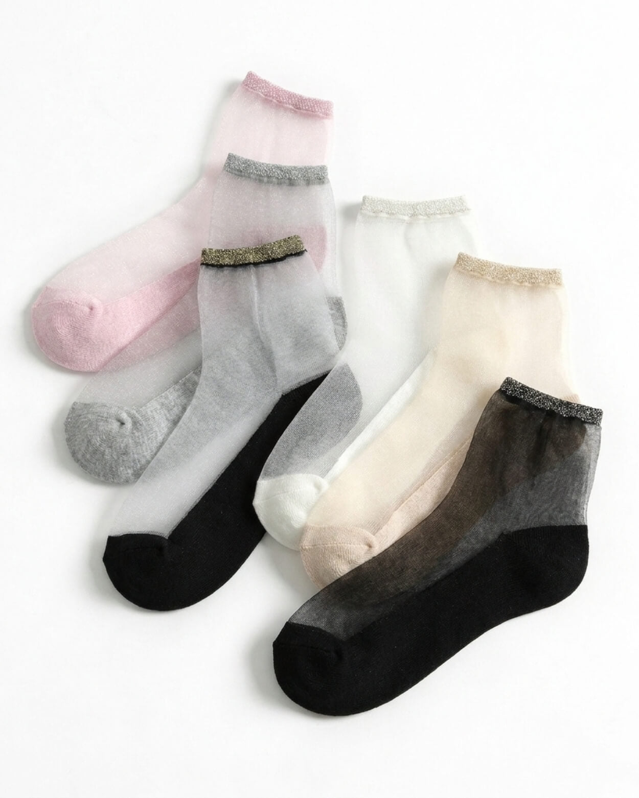 6-Pack Glitter Rim Sheer Crew Socks featuring transparent mesh fabric with soft stretch comfort and shimmering metallic cuffs, displayed in assorted pink, gray, white, beige, and black colorways on a clean white background, highlighting lightweight elegance and versatile everyday styling.