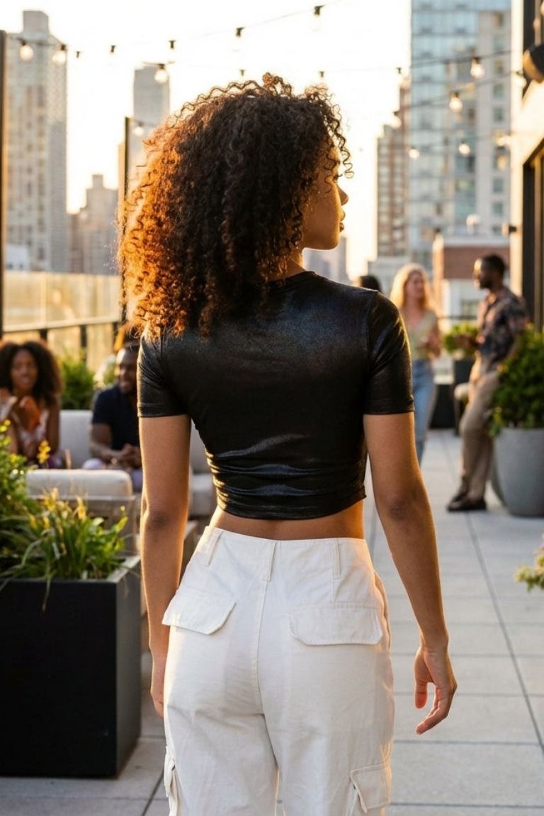 Bustier Finley Pu Crop Top, back view showing the fitted short sleeve cropped silhouette with smooth structured finish styled with high waist utility trousers on a rooftop terrace at sunset.