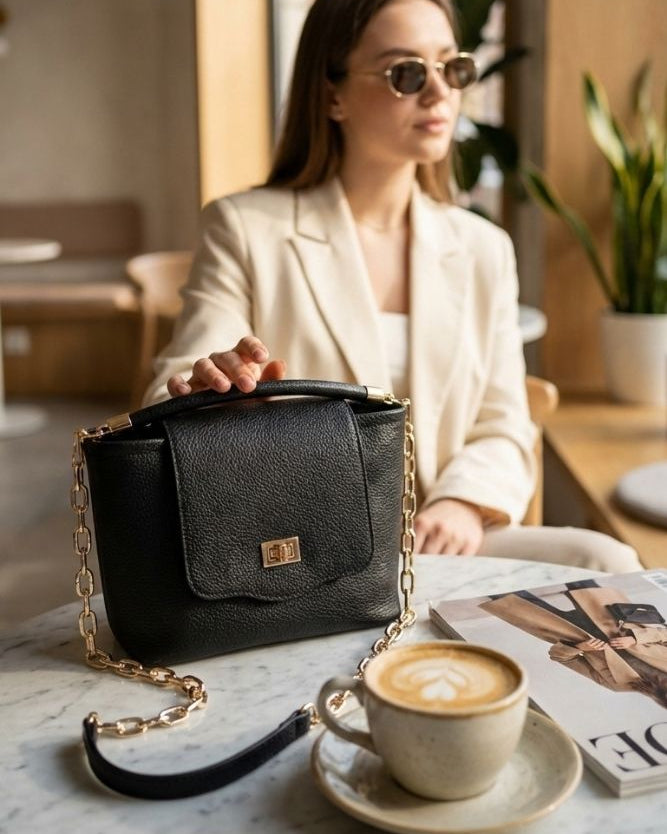 Ismene Leather Purse featuring a structured silhouette with pebbled leather finish, top handle, and gold-tone chain strap, styled on a café table beside coffee and magazines, highlighting polished everyday elegance.