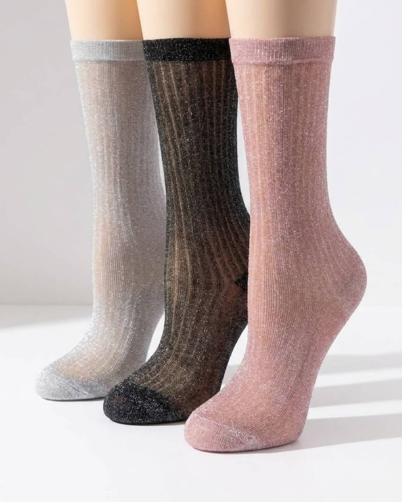 3-pack glitter ribbed crew socks in silver black and blush – soft shimmer women’s fashion socks