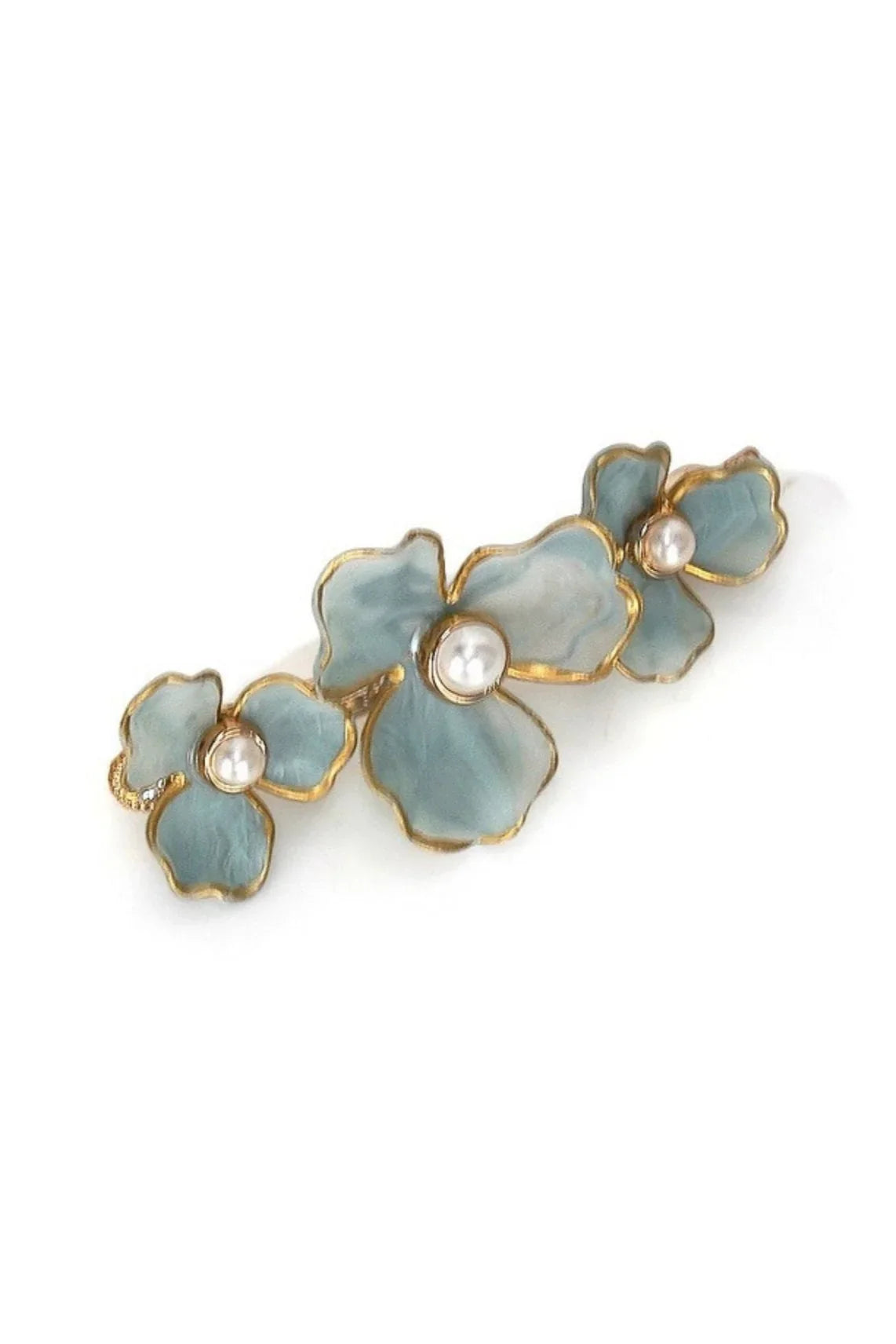 Blue floral hair clip with gold trim and pearl accents, Love Classic accessory