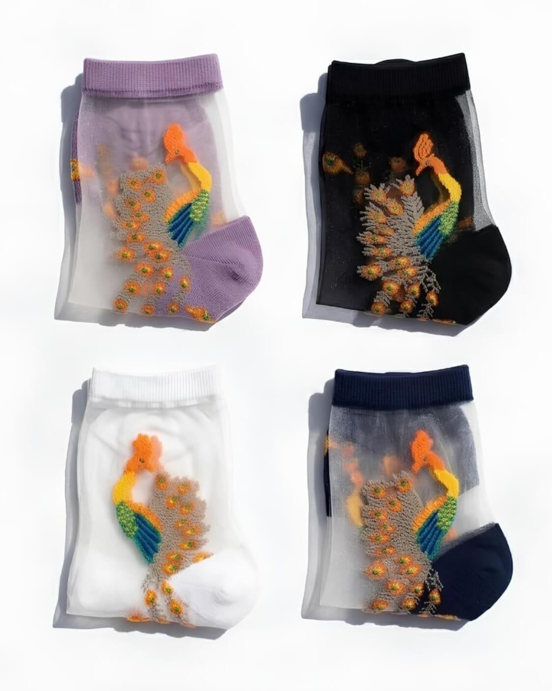 4-Pack Peacock Sheer Mesh Socks featuring transparent mesh fabric with colorful embroidered peacock detailing and soft stretch ankle cuffs, displayed in four assorted colorways on a clean white background, highlighting the lightweight breathable texture and elegant decorative finish.