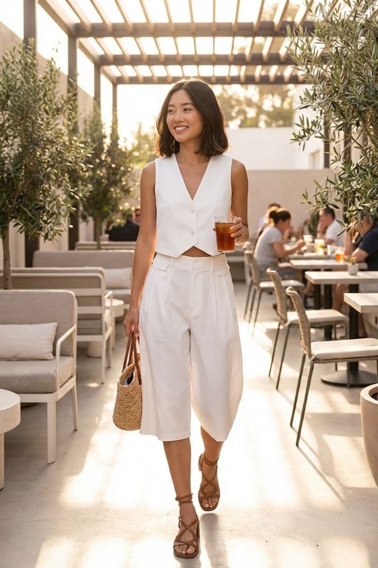 Bologna Bermuda Shorts, high-waist tailored knee-length shorts in off-white with front pleats and a relaxed fit, styled with a matching vest in an outdoor café setting, highlighting the structured silhouette and lightweight feel.