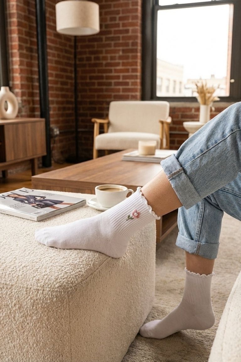 Blush Pearl Rose Ruffle Crew Socks, indoor home view showing soft ribbed socks with floral embroidery and ruffled edge paired with rolled jeans in a warm modern living space.