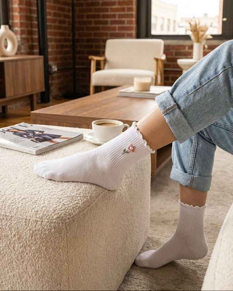 3-Pack Blush Pearl Rose Ruffle Crew Socks