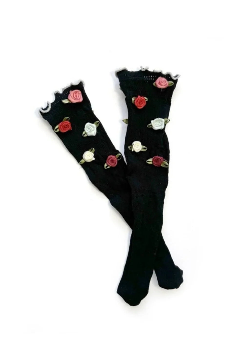 Black socks with red and white rose flower appliqués, Love Classic stylish accessory