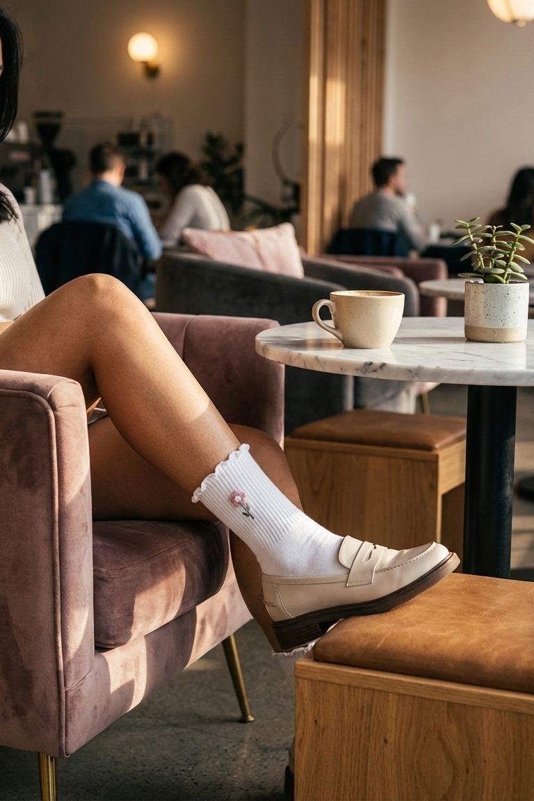 Blush Pearl Rose Ruffle Crew Socks, café lifestyle view showing ribbed crew socks with delicate ruffle cuff and small rose embroidery styled with loafers while seated in a cozy coffee setting.