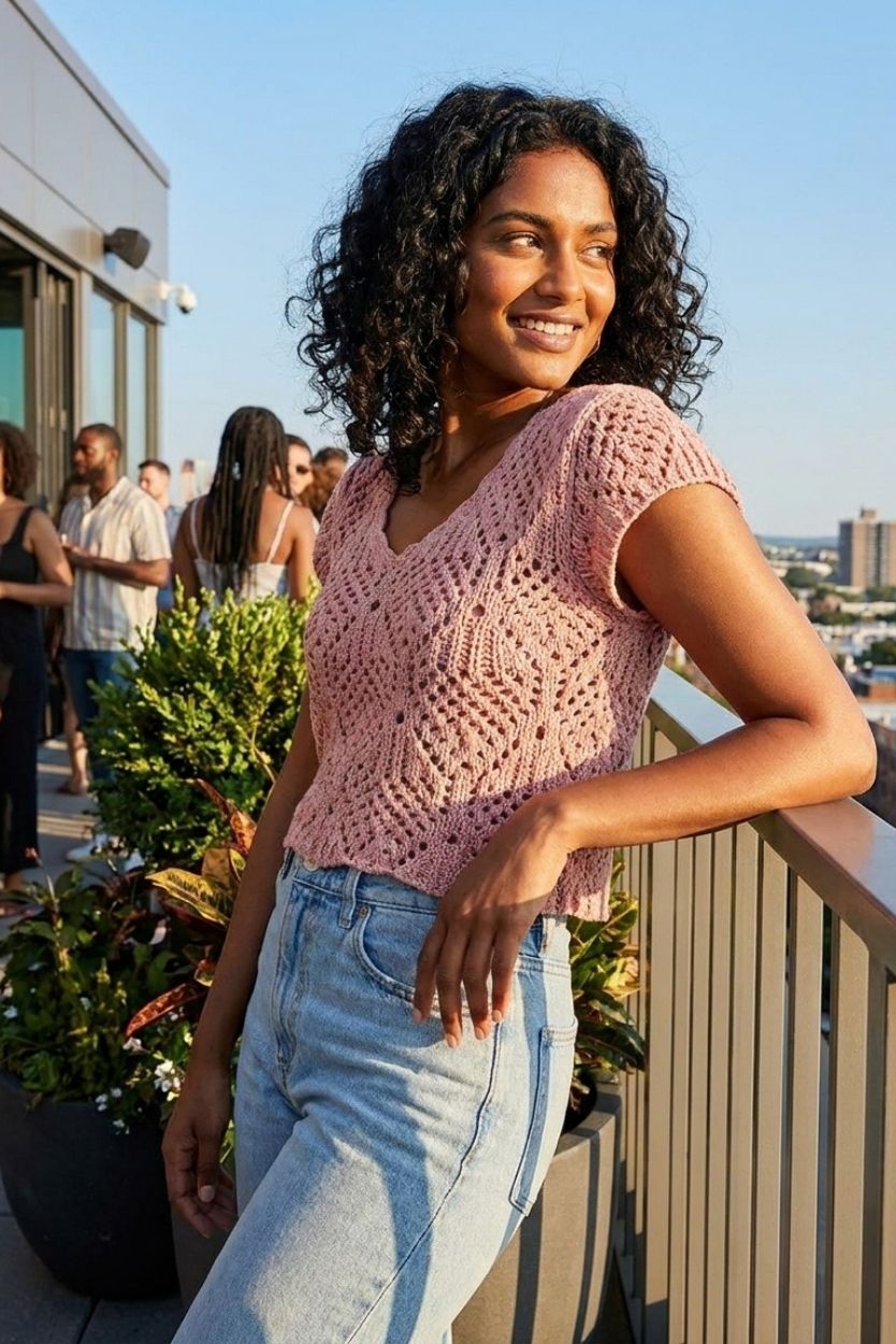 Crochet Knit Cap Sleeve Sweater Top, blush pink open-knit sweater with cap sleeves and scalloped V-neckline, styled with light-wash high-rise jeans, worn by a model leaning on a balcony railing at a rooftop gathering, highlighting the airy texture and relaxed fit in warm sunlight.
