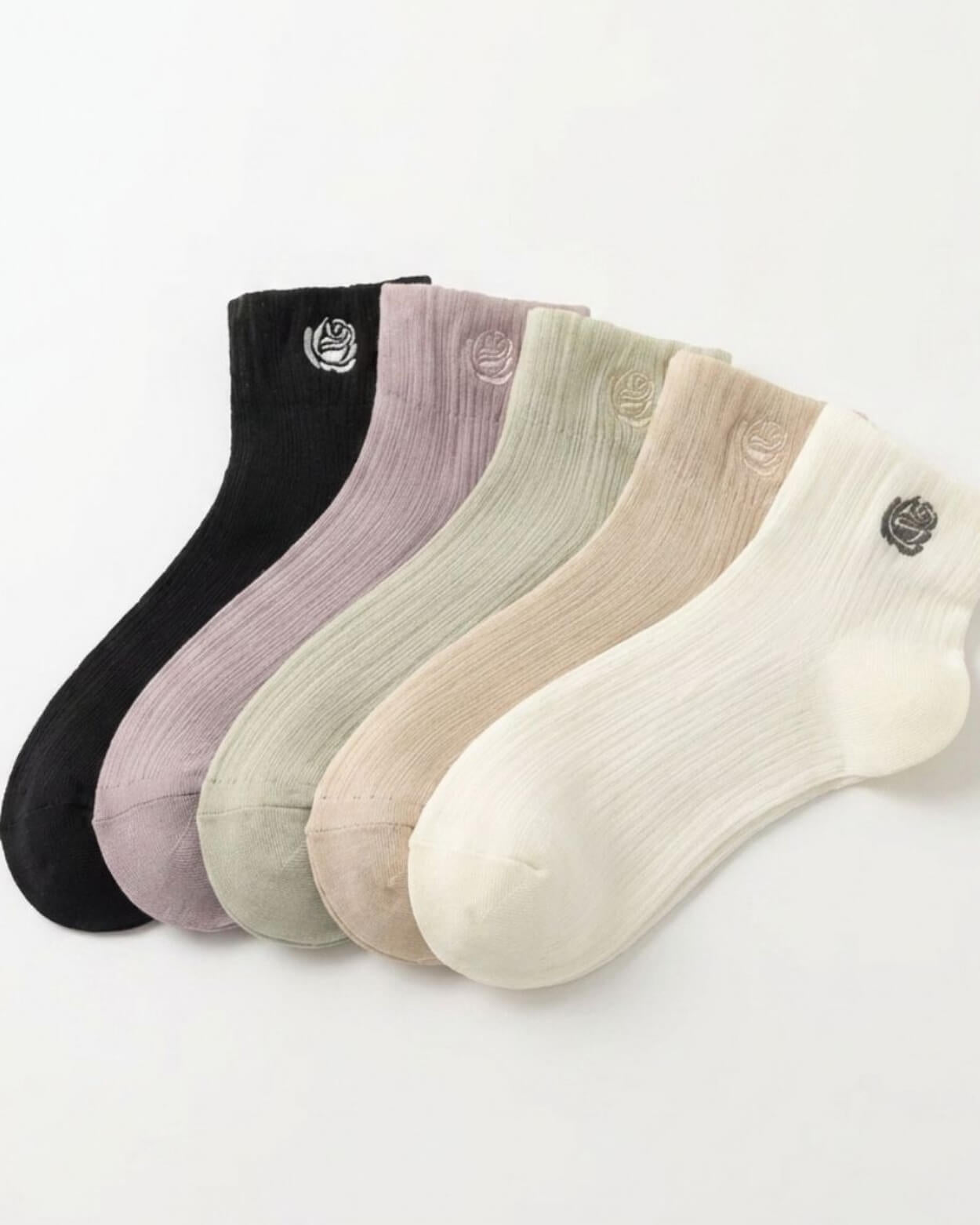 5-Pack Sheer Rose Embroidered Socks in assorted neutral tones including black, mauve, sage, beige, and cream, featuring lightweight ribbed knit and delicate rose embroidery, displayed side by side on a clean white background.