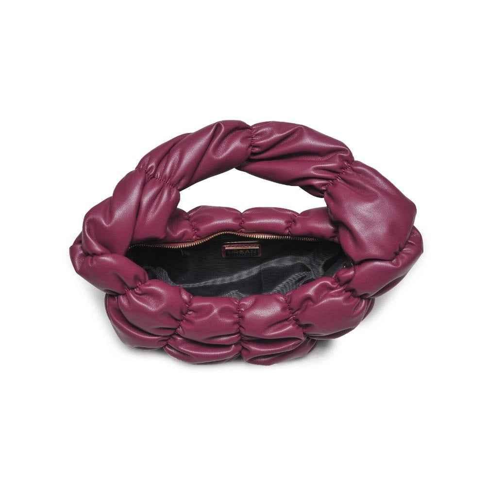 Plum braided handle faux leather purse from Love Classic, top view with zippered inner pocket