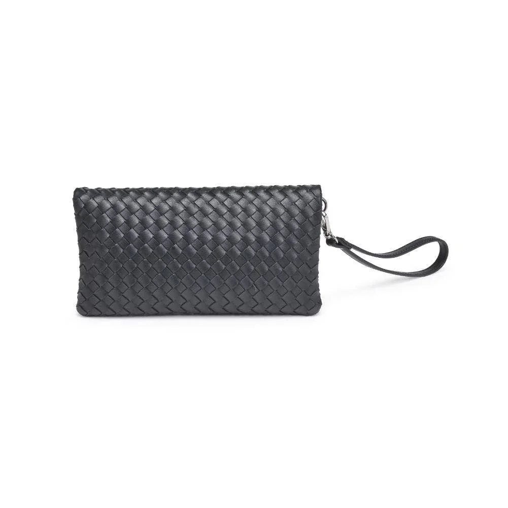 Black woven leather wristlet clutch from Love Classic on white background