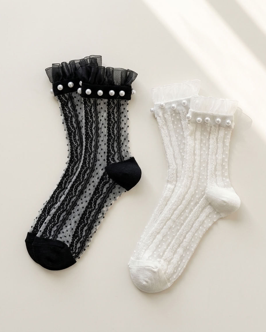 2-Pack, Chantilly Pearl Lace Crew Socks - Black and White pair