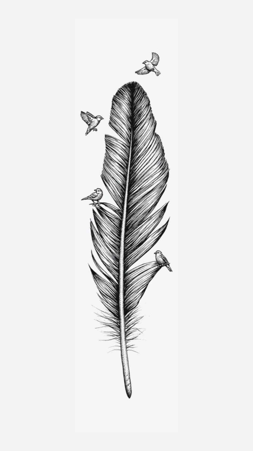 Detailed black and white feather illustration with four small birds, Love Classic style art